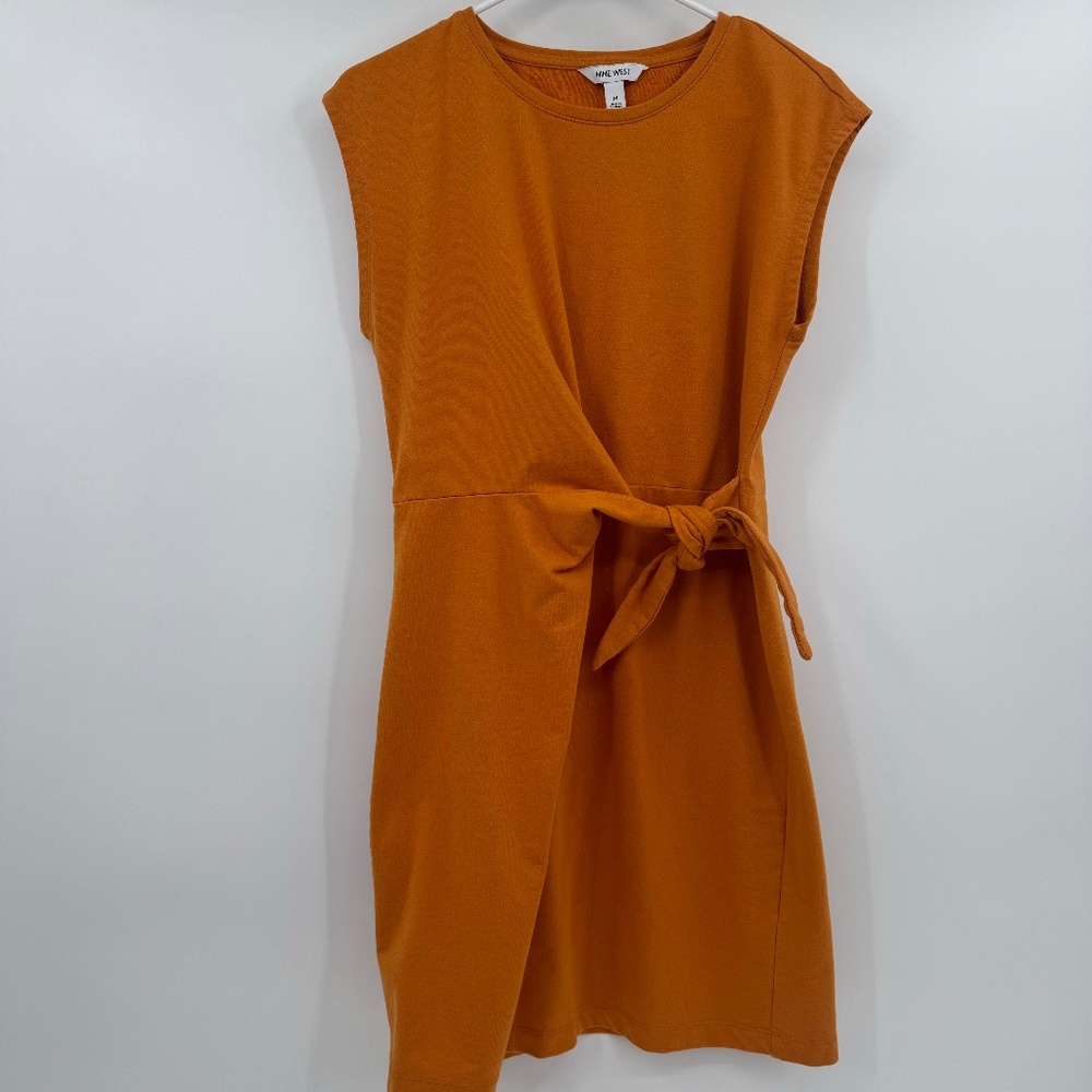 Nine West Dress Women Medium Orange Brown T Shirt Tie Front Short Sleeve Stretch
